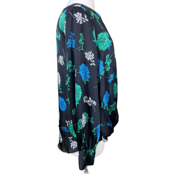 Floral Print Vince Camuto Long Sleeve Fold Over Hem Black/Green/Blue Top NWOT M - Picture 3 of 8